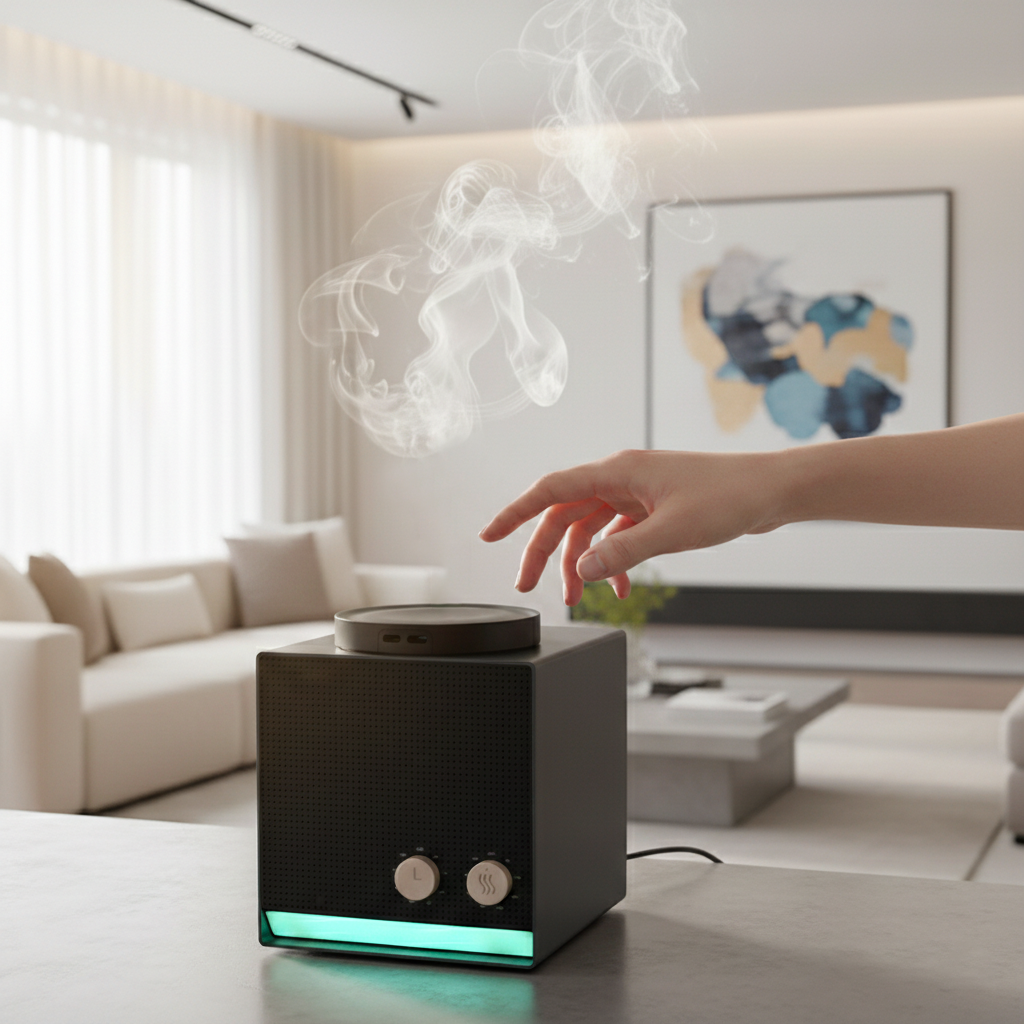 Aura – Diffusion par Nébulisation Éclairage LED diffusé en pièce de vie, parfum d'ambiance · Notes olfactives Essentia Scent