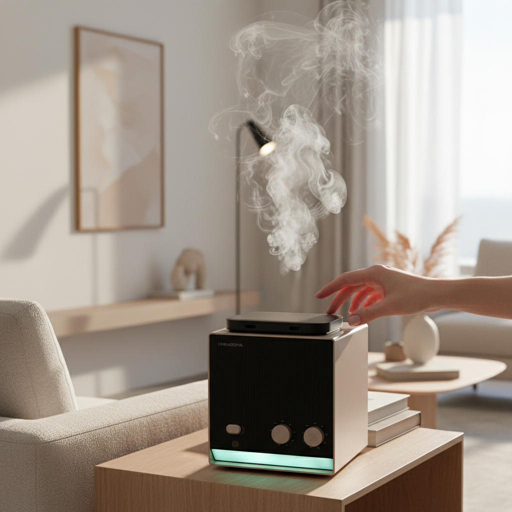 Flacon Aura Dual – Diffuseur par Nébulisation Double Réservoir posé en décor d'intérieur, huile parfumée Essentia Scent