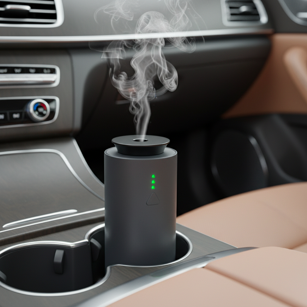 Flacon Auréa Drive – Diffuseur par Nébulisation Compact posé en décor d'intérieur, huile parfumée Essentia Scent
