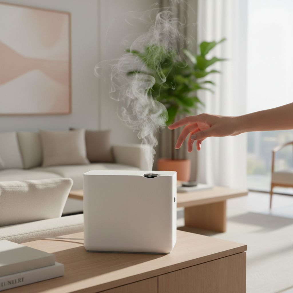 Flacon Brumeo – Diffuseur par Nébulisation Haute Capacité posé en décor d'intérieur, huile parfumée Essentia Scent