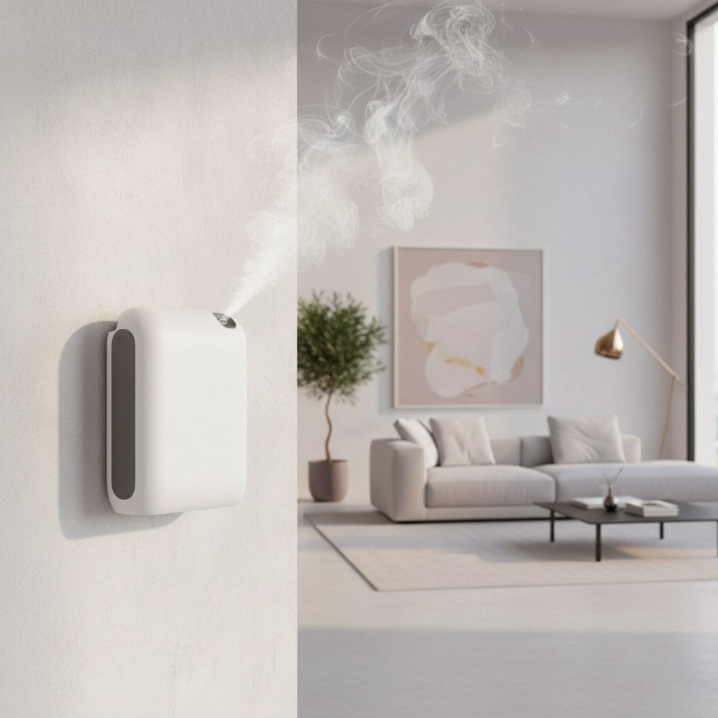 Flacon Eos Pro – Diffuseur par Nébulisation Polyvalent posé en décor d'intérieur, huile parfumée Essentia Scent