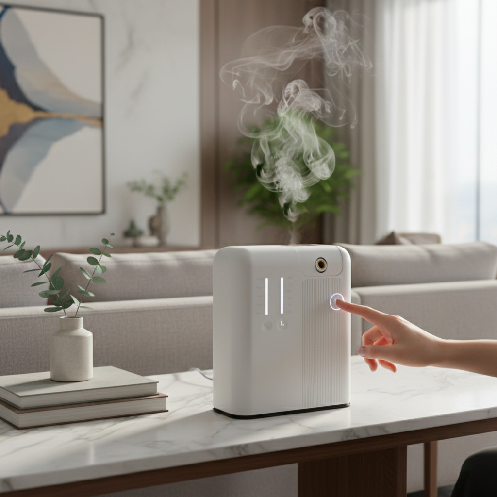 Flacon Nova – Diffuseur par Nébulisation Connecté posé en décor d'intérieur, huile parfumée Essentia Scent