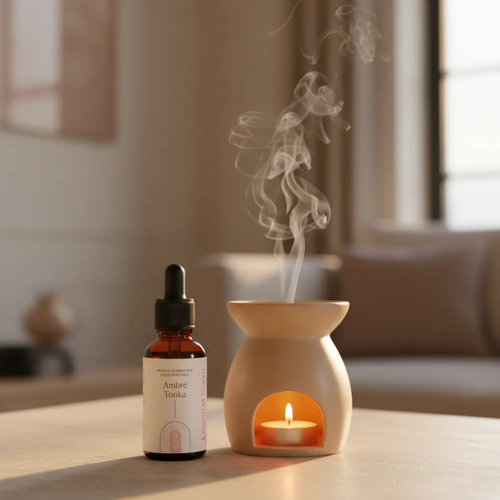 Ambre Tonka sur brûle-parfum dans chambre claire · Parfum d'ambiance ambrée chaleureuse Essentia Scent