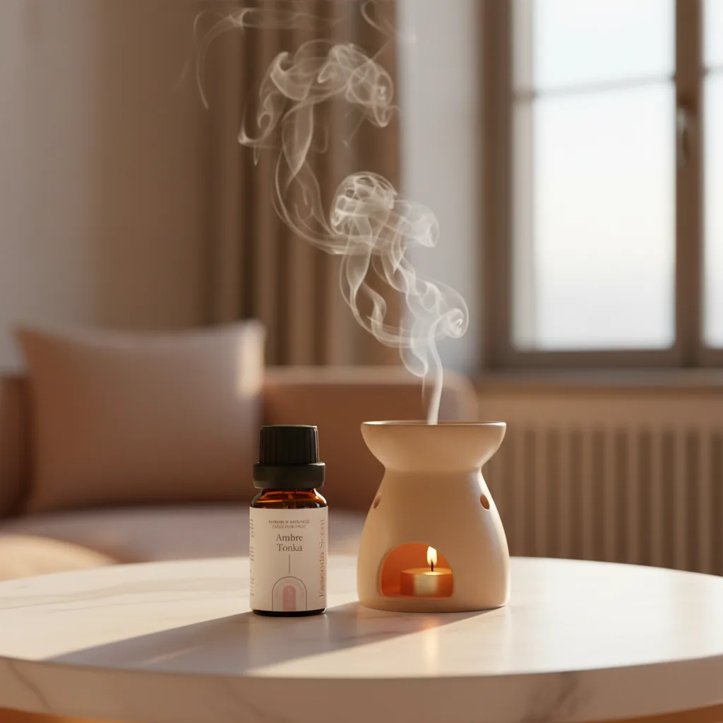 Ambre Tonka sur brûle-parfum dans chambre claire · Notes Ambre Tonka Camphre Essentia Scent