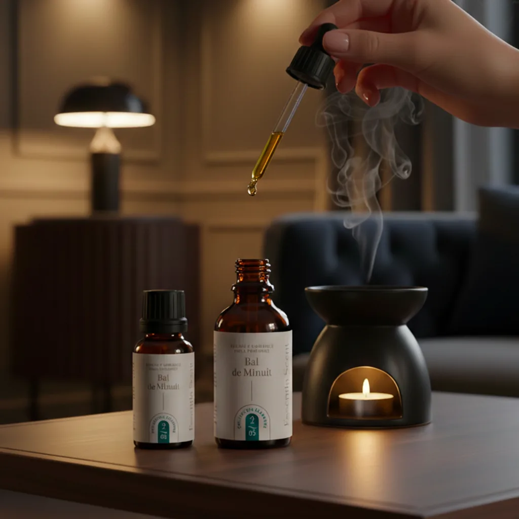Geste de pipette Bal de Minuit sur table salon élégant nocturne · Parfum d'ambiance aromatique Essentia Scent