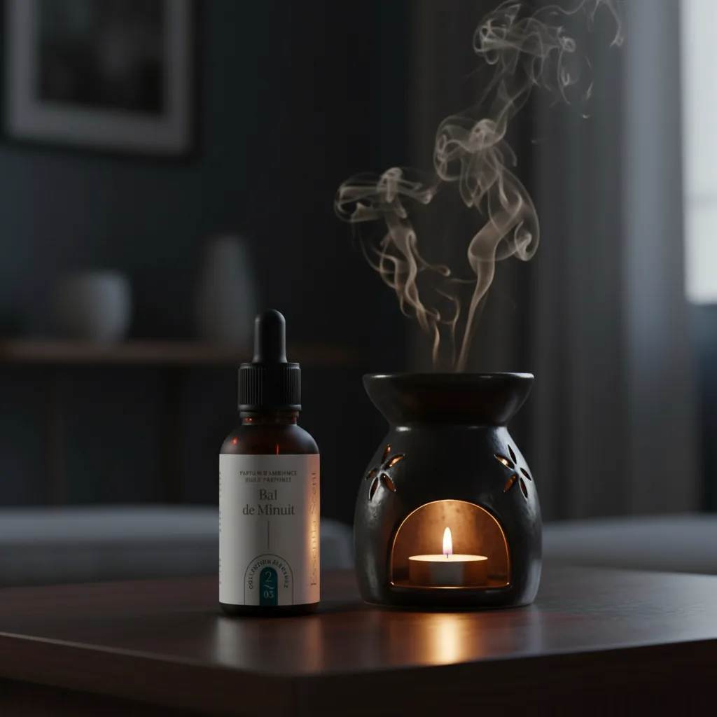 Bal de Minuit sur brûle-parfum dans salon feutré nocturne · Parfum d'ambiance aromatique boisée Essentia Scent
