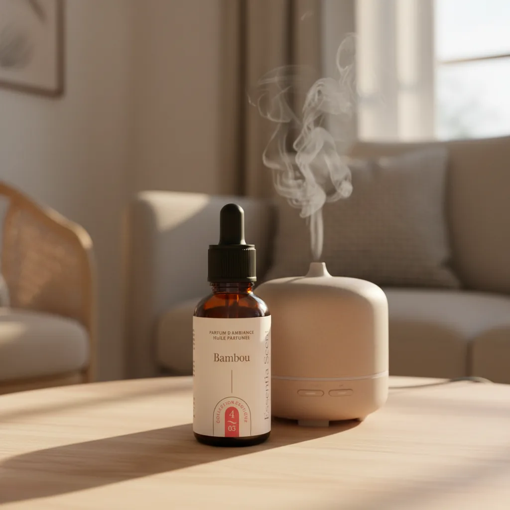 Bambou en diffusion ultrasonique dans salon clair · Parfum d'ambiance verte aromatique Essentia Scent