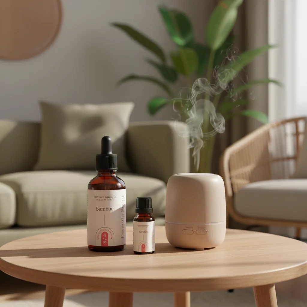 Bambou en diffusion ultrasonique avec plante verte · Notes Citron Bambou Citronnelle Essentia Scent