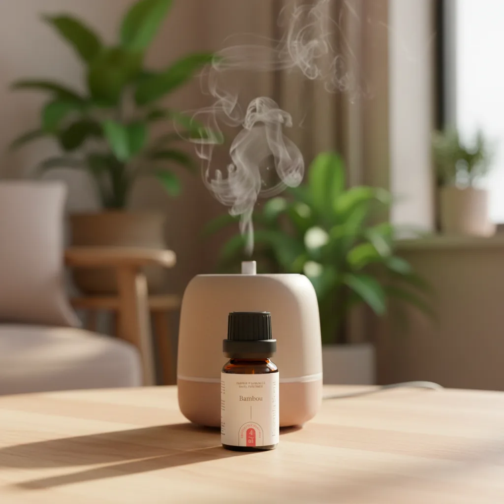 Bambou en diffusion ultrasonique entouré de plantes vertes · Parfum d'ambiance verte fraîche Essentia Scent