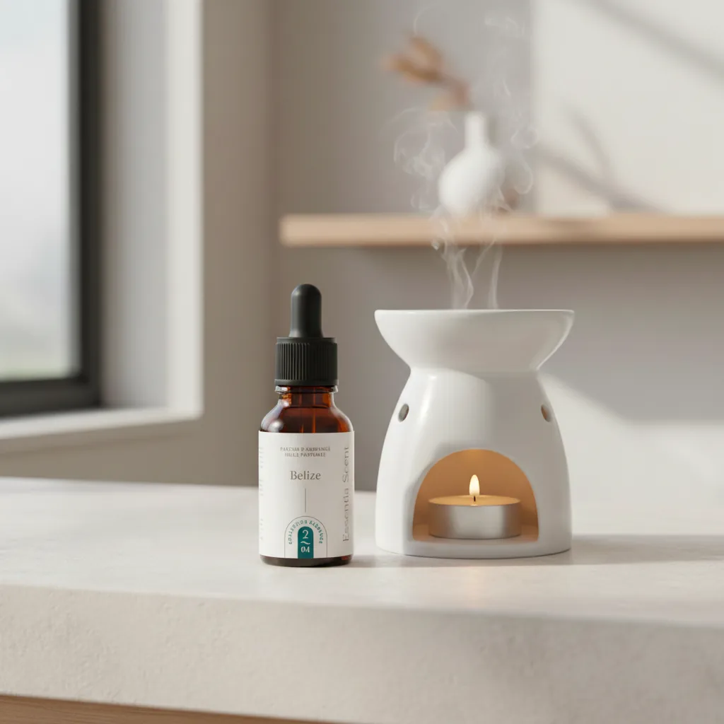 Belize sur brûle-parfum dans intérieur épuré minimaliste · Notes Rose Talc Iris Essentia Scent