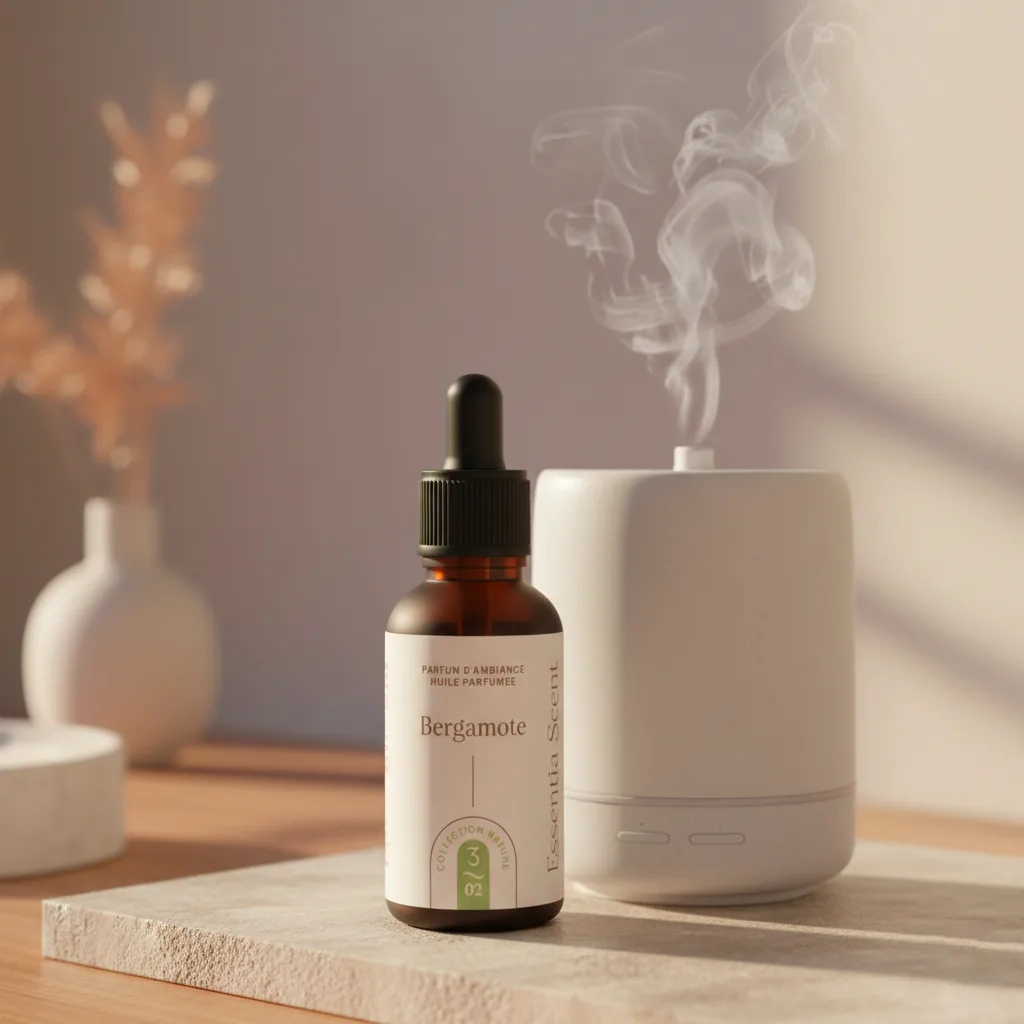 Bergamote en diffusion ultrasonique avec vase pampas · Parfum d'ambiance hespéridée fraîche Essentia Scent