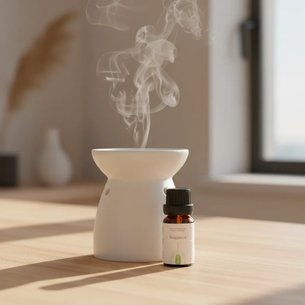Bergamote sur brûle-parfum dans intérieur clair lumineux · Parfum d'ambiance hespéridée fraîche Essentia Scent