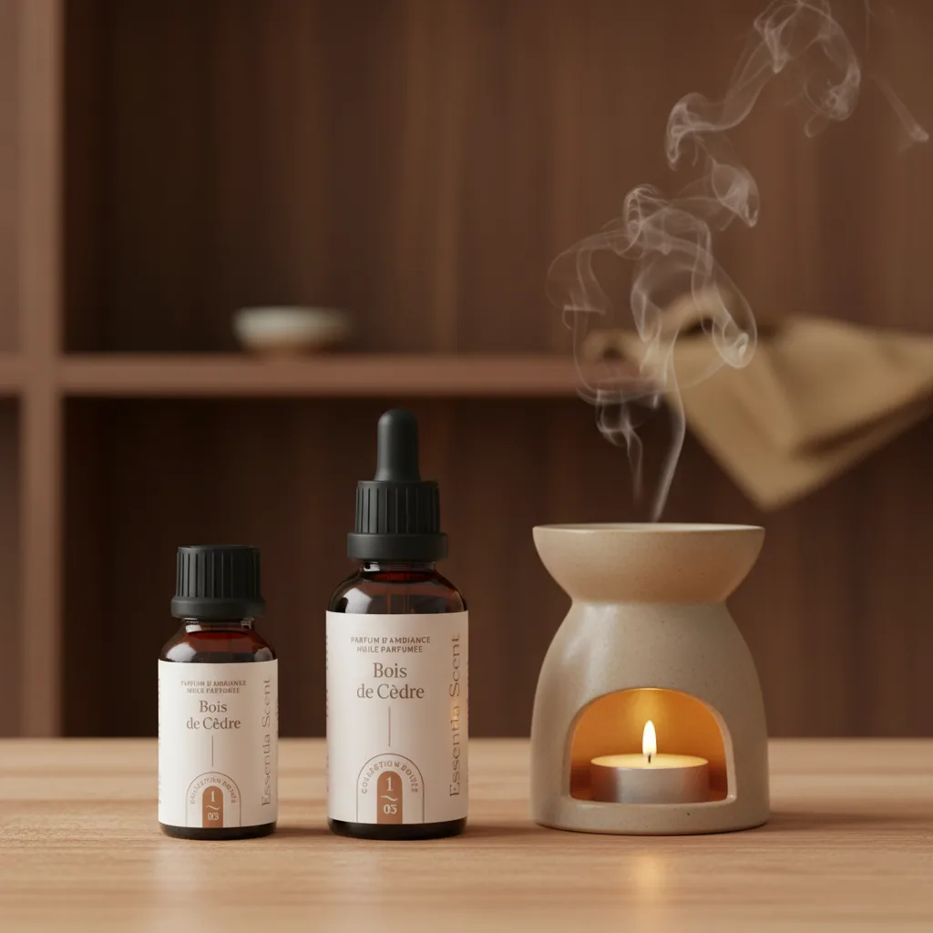 Bois de Cèdre flacons d'huile parfumée et brûle-parfum allumé sur table bois · Note Cèdre Essentia Scent