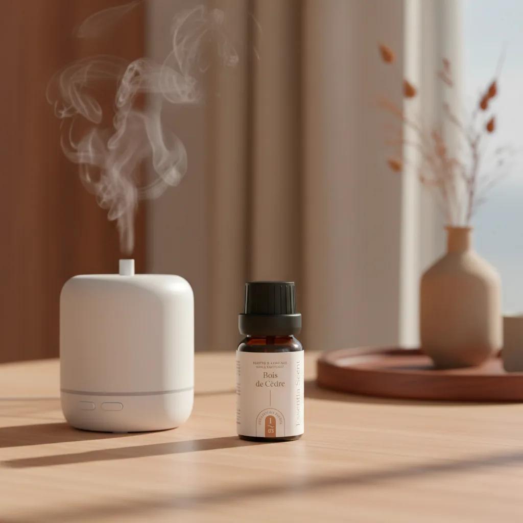 Diffuseur à nébulisation Bois de Cèdre sur table épurée · Huile parfumée d'ambiance boisée Essentia Scent