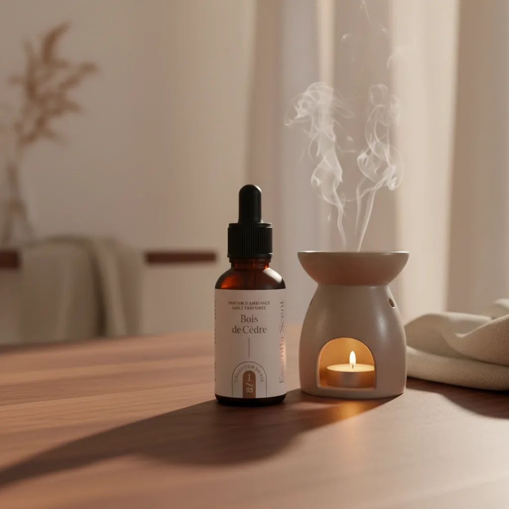 Bois de Cèdre en diffusion sur brûle-parfum dans chambre lumineuse · Ambiance boisée poivrée Essentia Scent