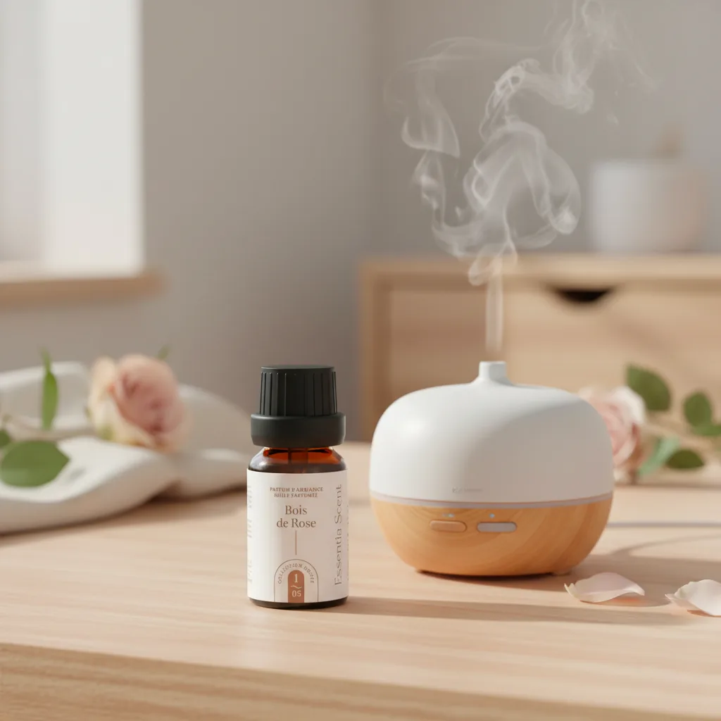 Bois de Rose en nébulisation avec pétales de rose · Huile parfumée d'ambiance boisée florale Essentia Scent