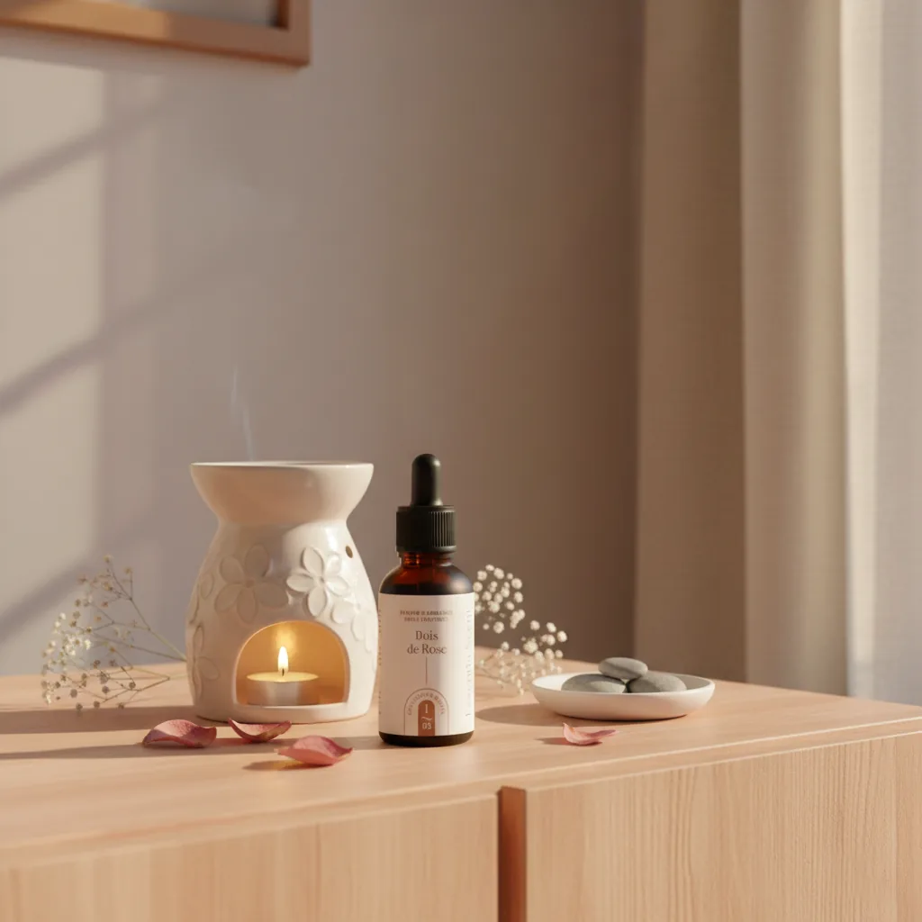 Bois de Rose et brûle-parfum sur étagère épurée · Diffusion délicate Santal Rose Essentia Scent
