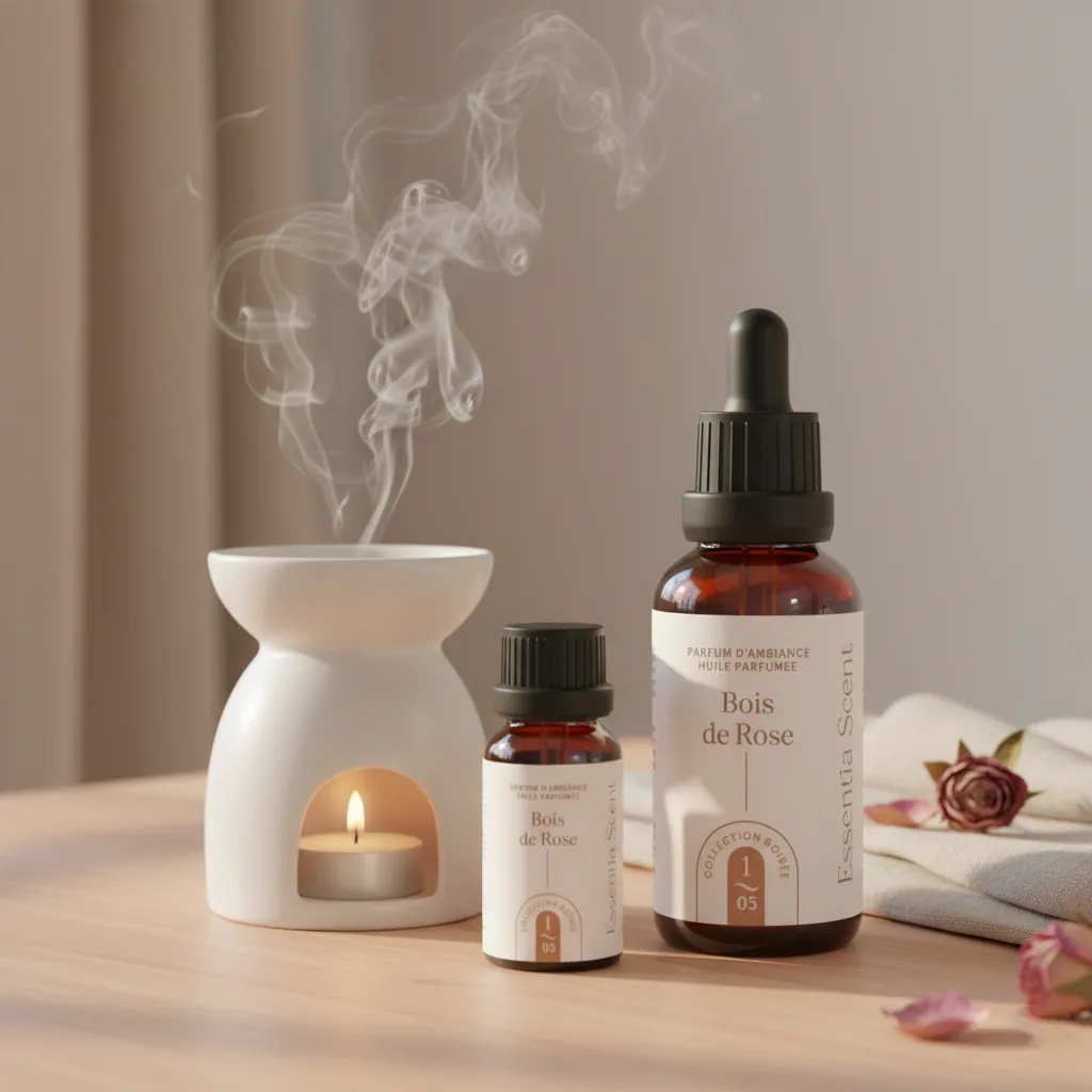Bois de Rose en diffusion sur bureau cosy avec brûle-parfum et carnet · Note Rose Essentia Scent