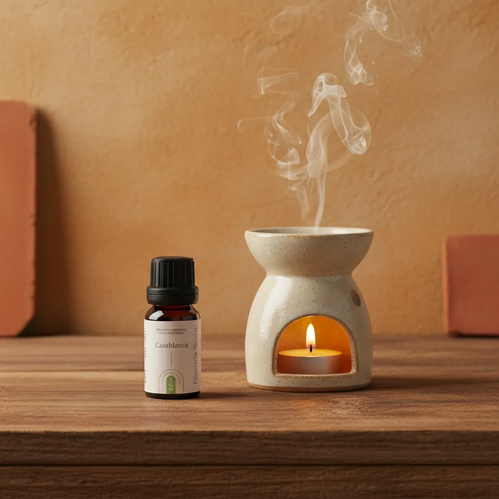 Casablanca sur brûle-parfum, ambiance terracotta orientale · Parfum d'ambiance orientale florale Essentia Scent