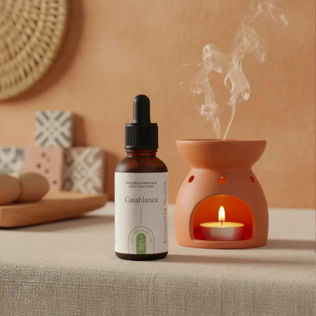 Casablanca sur table avec panier tressé et bols céramique terracotta · Notes Caramel Lilas Encens Essentia Scent
