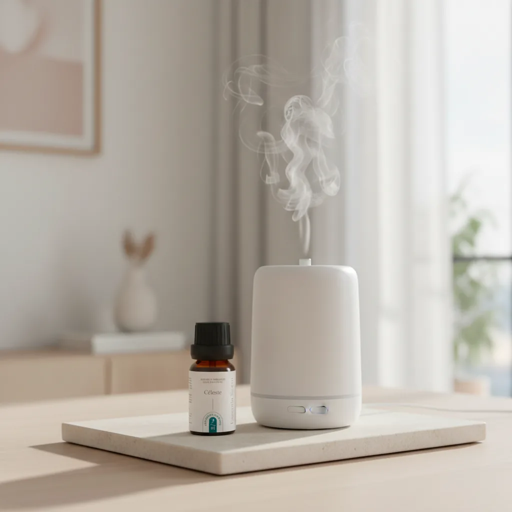 Céleste en diffusion ultrasonique matinale dans chambre claire · Parfum d'ambiance hespéridée épicée Essentia Scent
