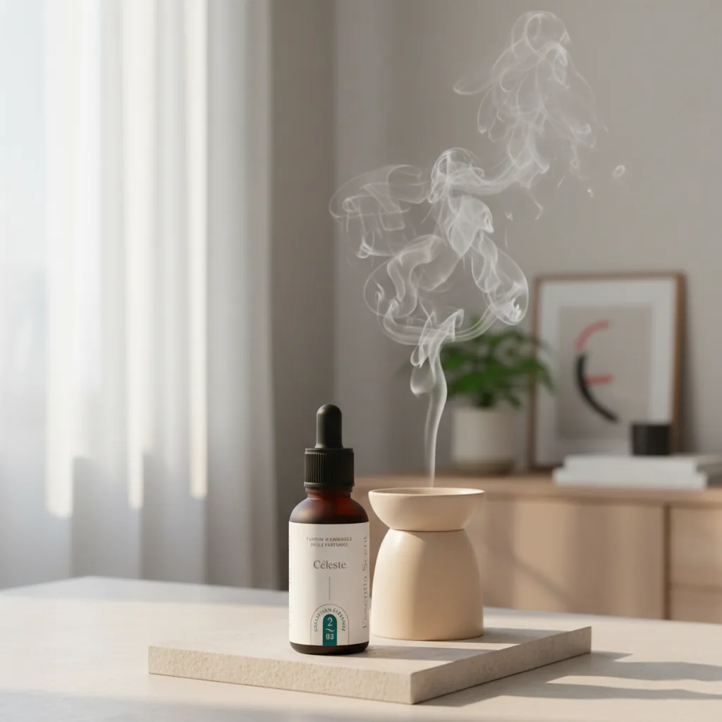 Céleste sur brûle-parfum dans intérieur clair lumineux · Parfum d'ambiance hespéridée épicée Essentia Scent