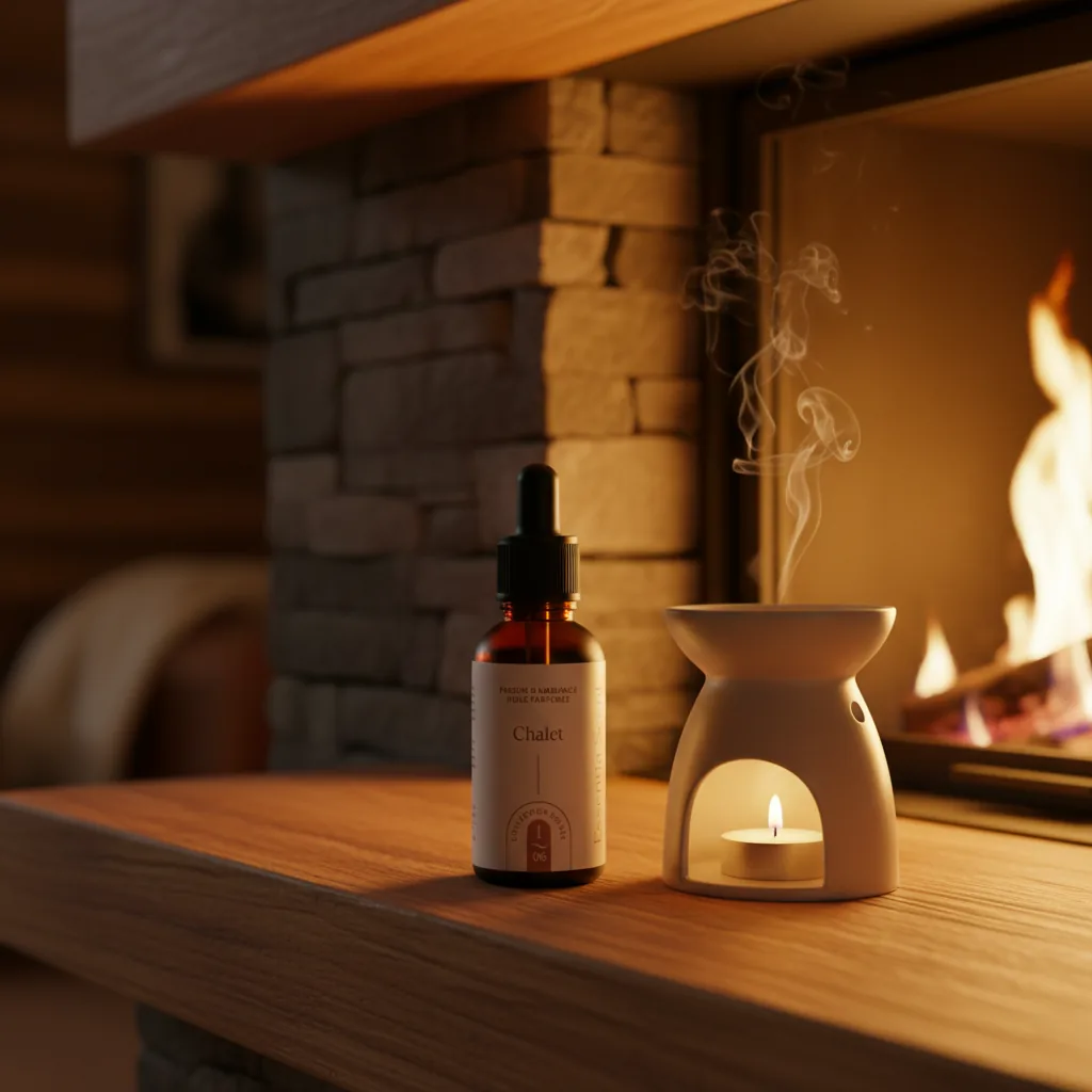 Chalet sur brûle-parfum près de la cheminée en pierre · Parfum d'ambiance bois chaud Essentia Scent