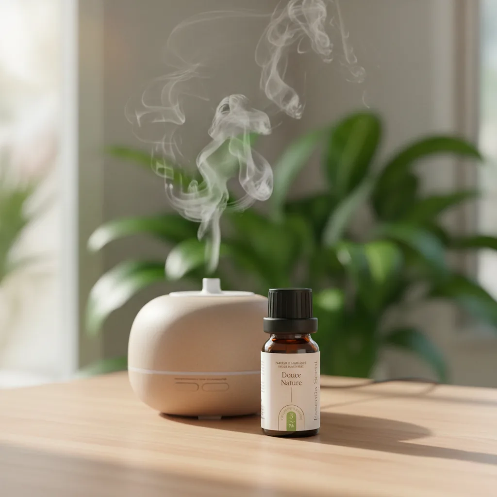 Douce Nature en diffusion ultrasonique avec plante verte · Parfum d'ambiance hespéridée fraîche Essentia Scent