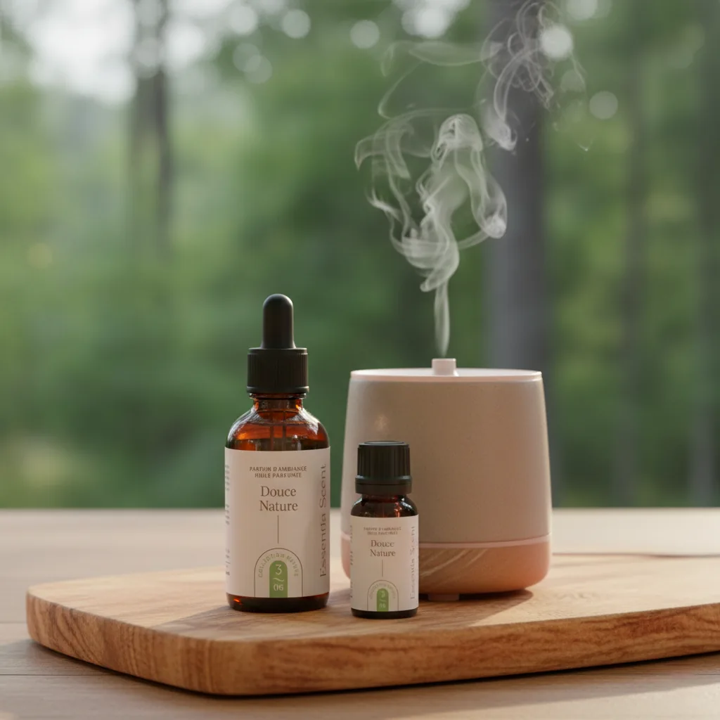 Douce Nature sur plateau bois devant vue forêt brumeuse · Notes Bergamote Citron Pin Essentia Scent