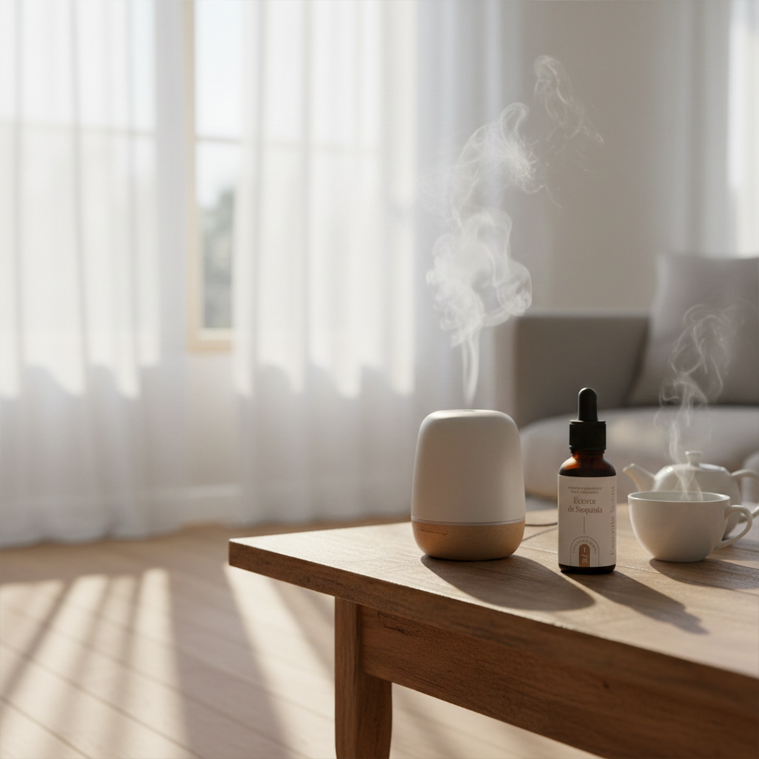 Diffuseur à nébulisation Écorce de Sequoia en salon lumineux · Huile parfumée d'ambiance boisée Essentia Scent