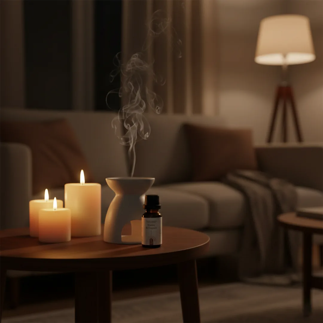 Écorce de Sequoia en diffusion sur brûle-parfum, salon feutré aux bougies · Ambre et Oud Essentia Scent
