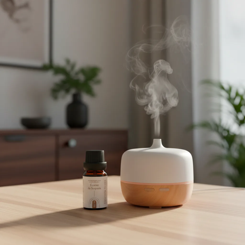 Écorce de Sequoia diffusé sur table moderne avec plantes vertes · Note de cœur Sequoia Essentia Scent