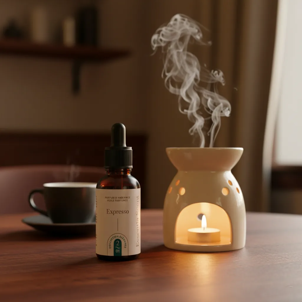 Expresso sur brûle-parfum à côté d'une tasse de café fraîchement passé · Parfum d'ambiance gourmande Essentia Scent