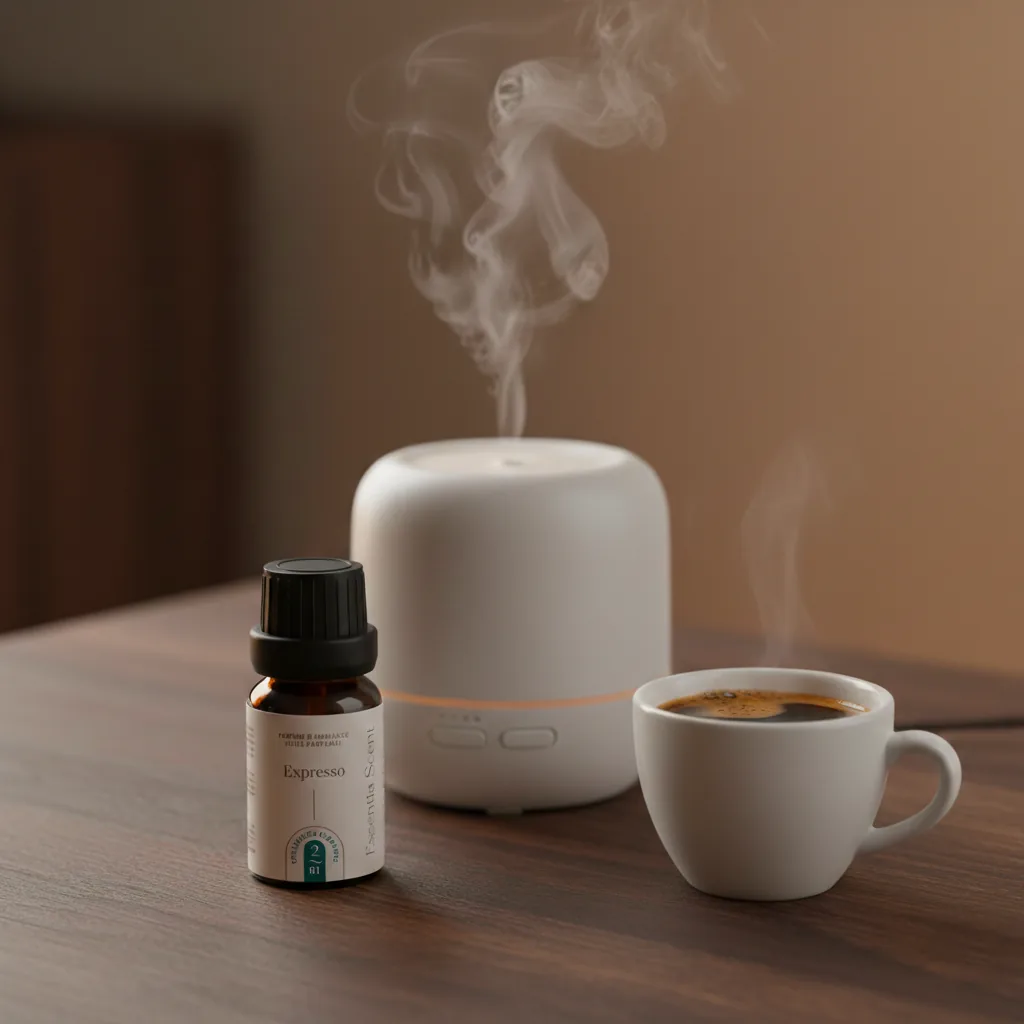 Expresso en diffusion ultrasonique avec tasse de café · Huile parfumée d'ambiance caramel café vanille Essentia Scent