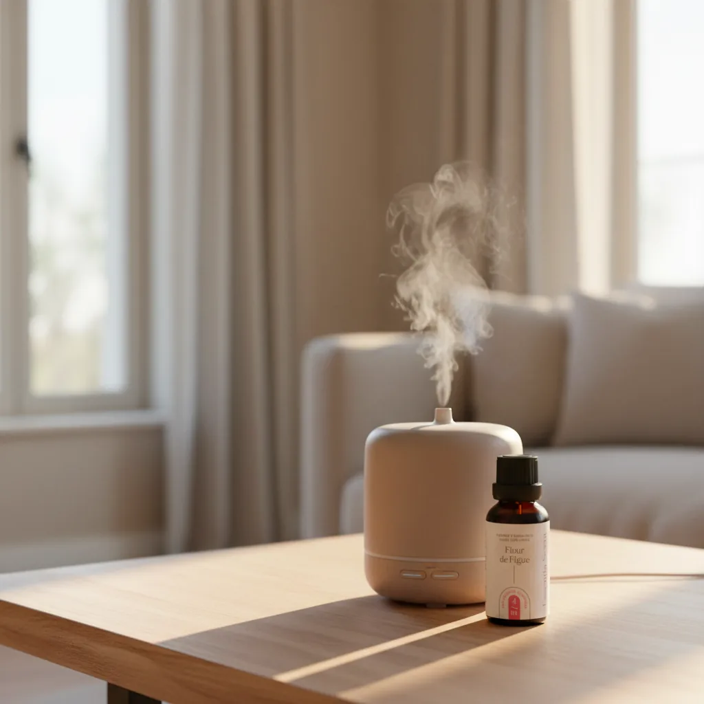 Fleur de Figue en diffusion sur table salon lumineux · Notes Lavande Figue Lilas Essentia Scent