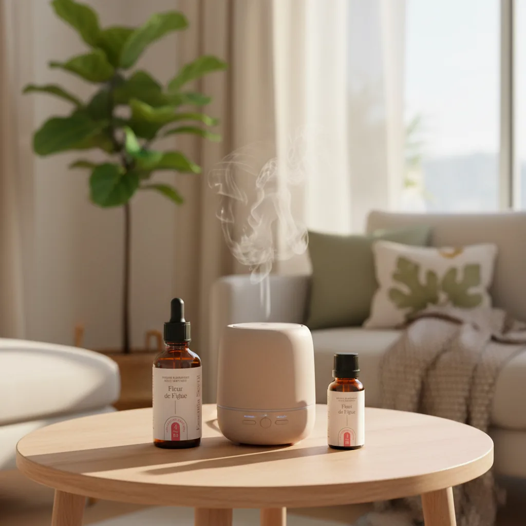 Fleur de Figue en diffusion avec plante verte, salon clair · Parfum d'ambiance fruitée florale Essentia Scent