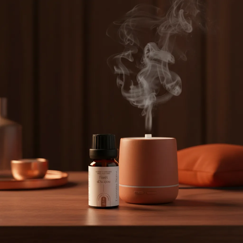 Forêt d'Acajou diffusé sur nébuliseur cream avec coussin orangé · Parfum d'ambiance boisée épicée Essentia Scent