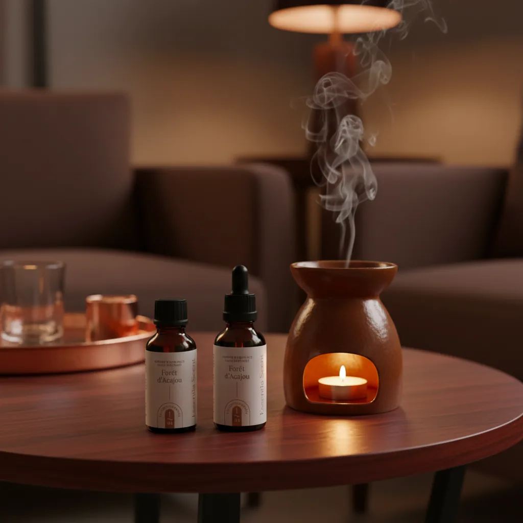 Forêt d'Acajou et brûle-parfum allumé dans salon feutré brun · Notes Rhum et Paprika Essentia Scent