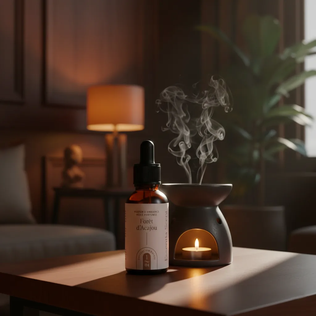 Forêt d'Acajou en diffusion sur brûle-parfum, salon cosy lampe ambrée · Note Orange Essentia Scent