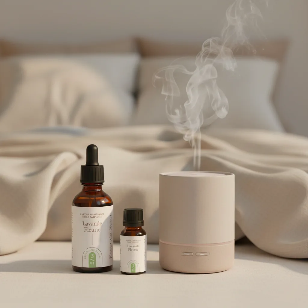 Lavande Fleurie sur table chevet avec plaid cosy · Notes Camphre Lavande Eucalyptus Essentia Scent
