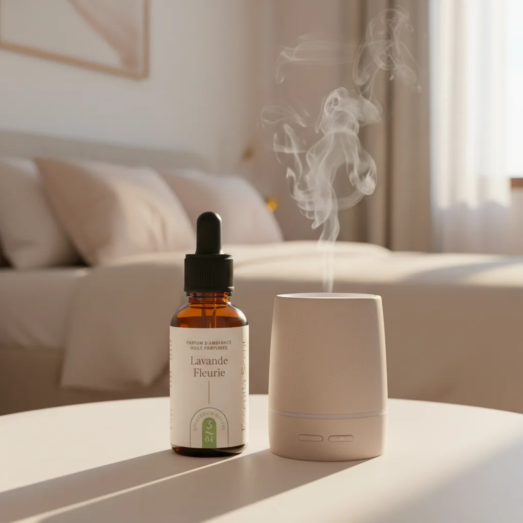 Lavande Fleurie en diffusion ultrasonique dans chambre lumineuse · Parfum d'ambiance lavandée Essentia Scent