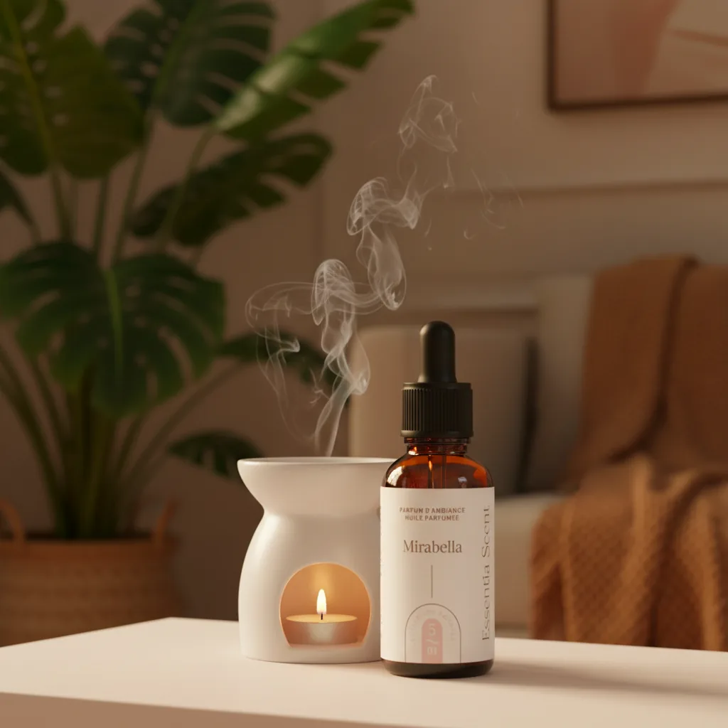 Mirabella sur brûle-parfum dans chambre avec plante · Parfum d'ambiance fruitée poudrée Essentia Scent