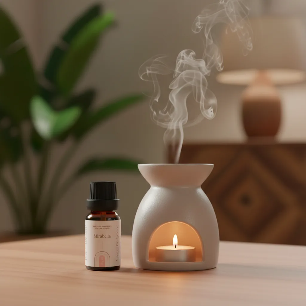 Mirabella sur brûle-parfum dans intérieur épuré · Parfum d'ambiance fruitée poudrée Essentia Scent