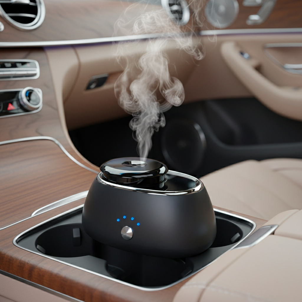 Diffuseur Néolia posé dans une voiture, brume parfumée sans eau · Essentia Scent