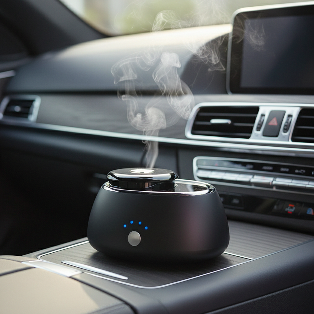 Diffuseur Néolia en diffusion dans l'habitacle · recharge USB-C et solaire · Essentia Scent