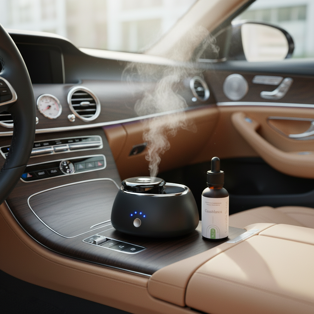 Diffuseur Néolia compact en déplacement, ambiance parfumée en voiture · Essentia Scent