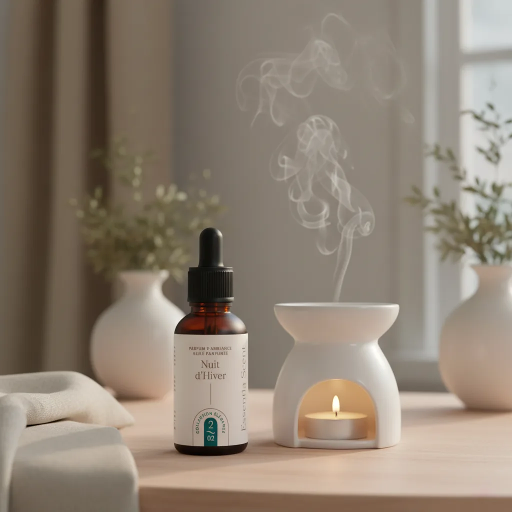 Nuit d'Hiver sur brûle-parfum avec branches d'olivier · Parfum d'ambiance hespéridée Essentia Scent