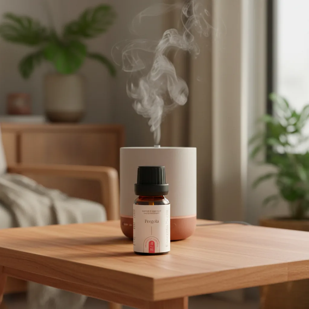 Pergola en diffusion ultrasonique dans intérieur clair lumineux · Parfum d'ambiance boisée orientale Essentia Scent