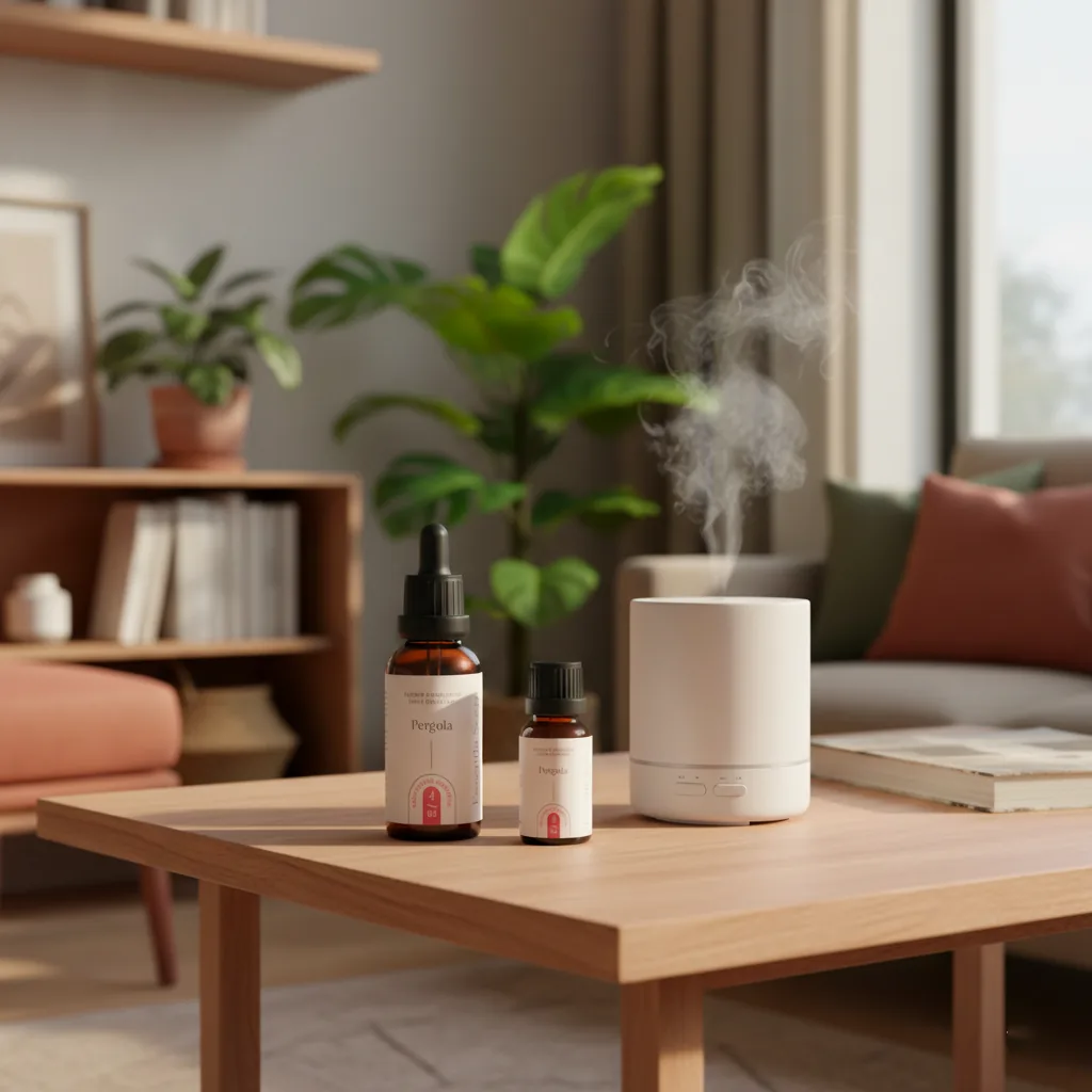 Pergola en diffusion avec plante verte sur table bois · Notes Orange Patchouli Cèdre Essentia Scent