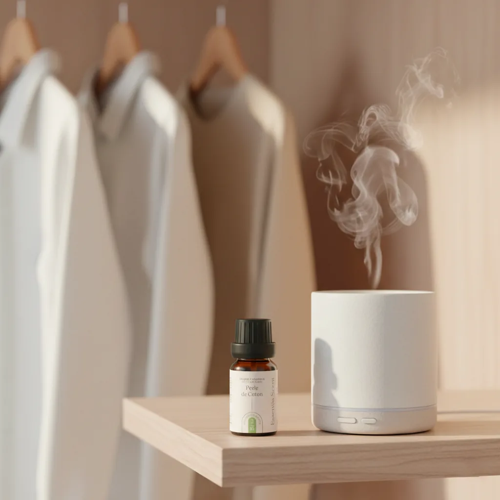 Perle de Coton en diffusion ultrasonique devant linge propre suspendu · Parfum d'ambiance florale douce Essentia Scent